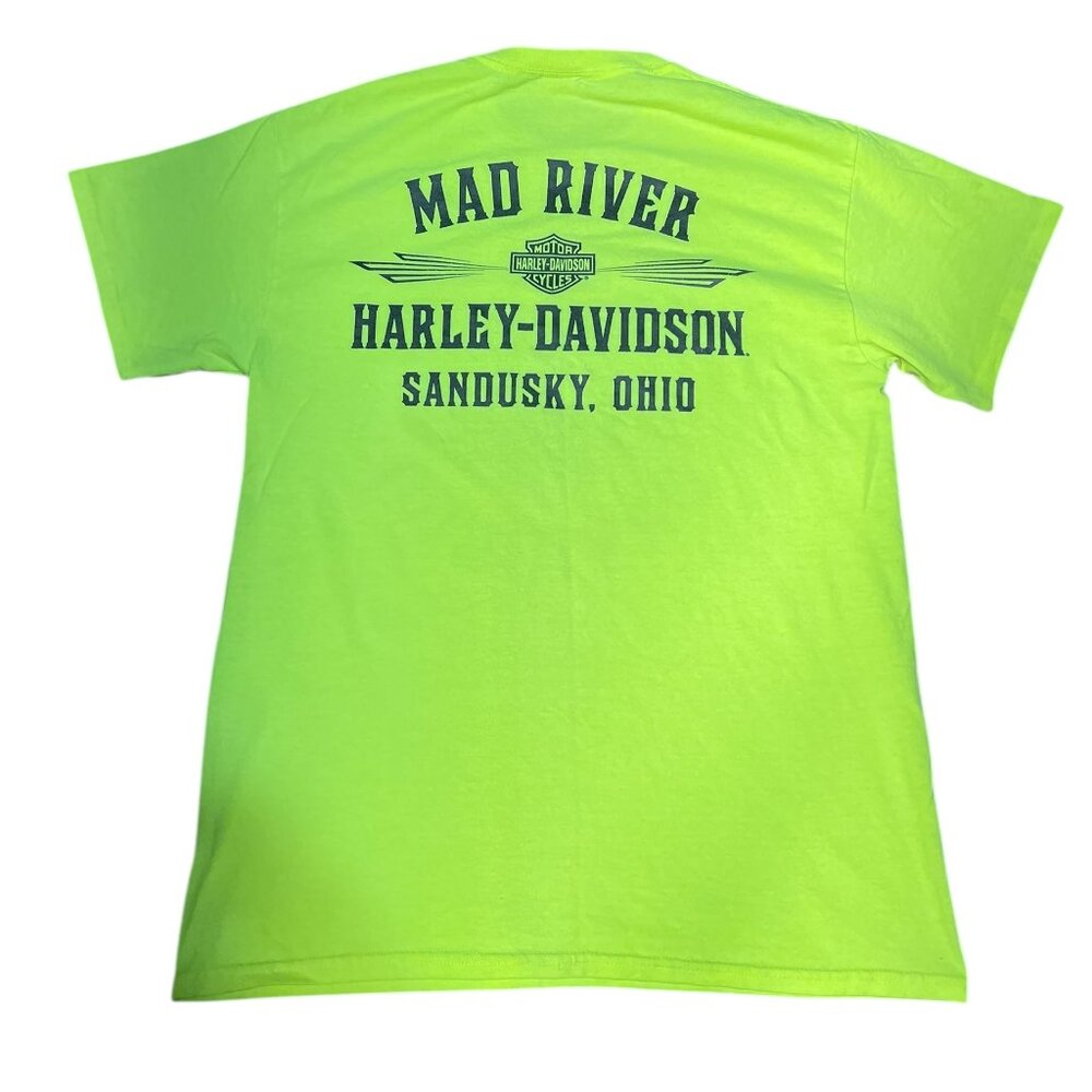 Harley Davidson Mad River Neon Green Shirt Men Size M Short Sleeve Sandusky Ohio